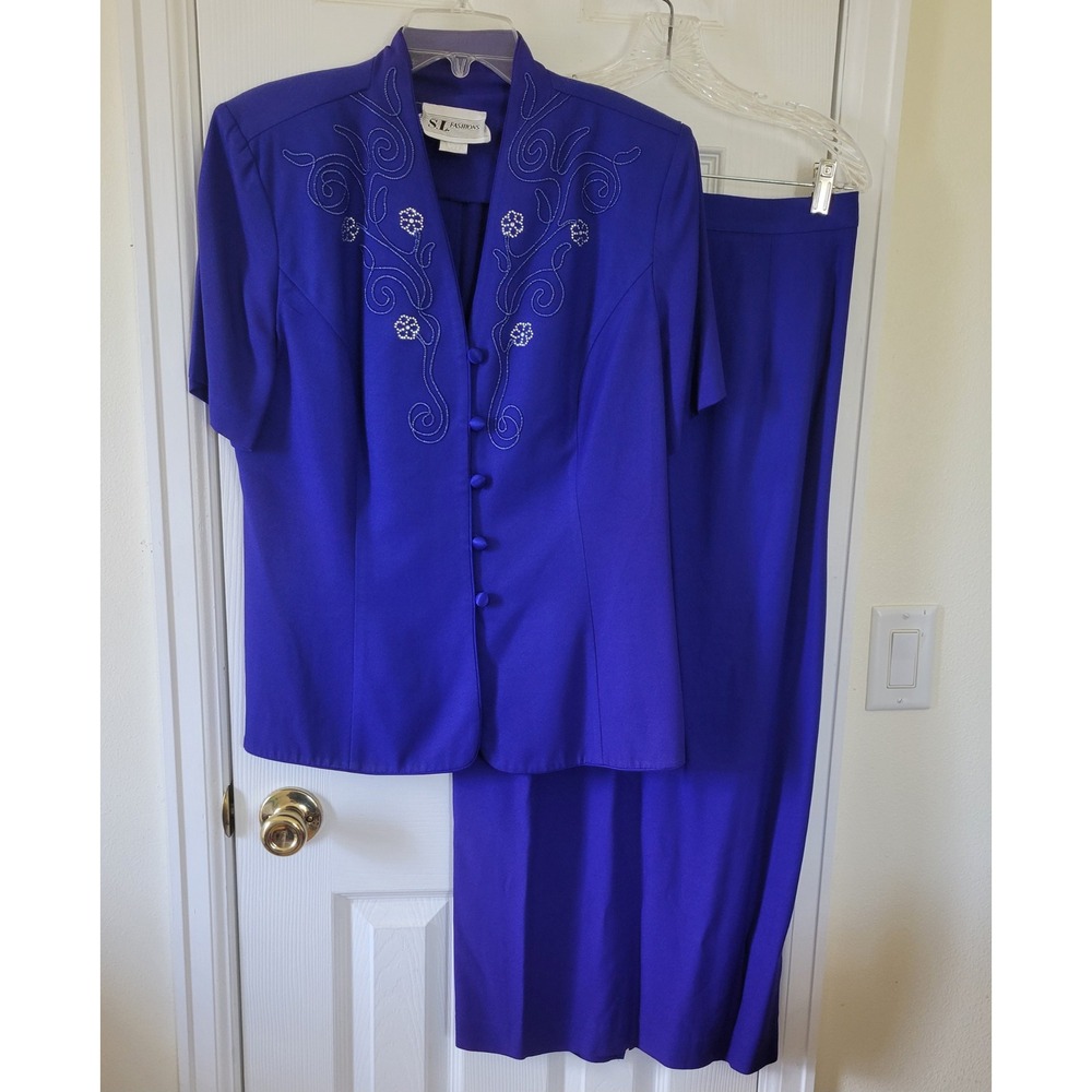 Vintage Royal Blue Skirt Suit Short Sleeve Embroidered Beaded 2pc Size 14 USA